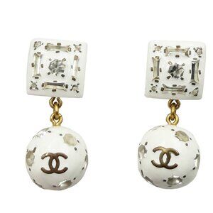 Chanel Vintage Rare Gold Plated White Square Gemstone Crystal Ball  Earrings